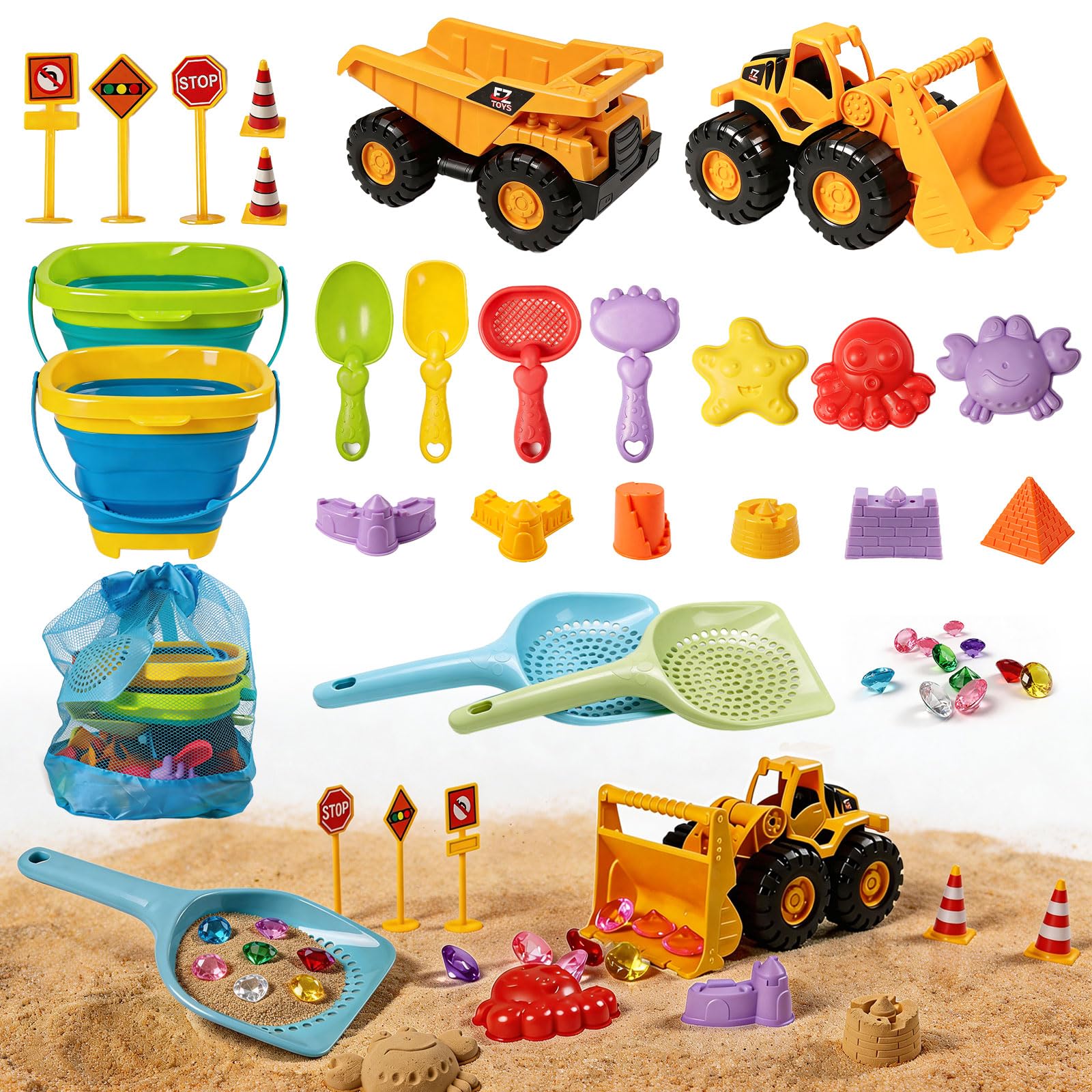 UBeesize 37 PCS Beach Toys, 3-in-1 Construction & Treasure Hunt Sand Toys
