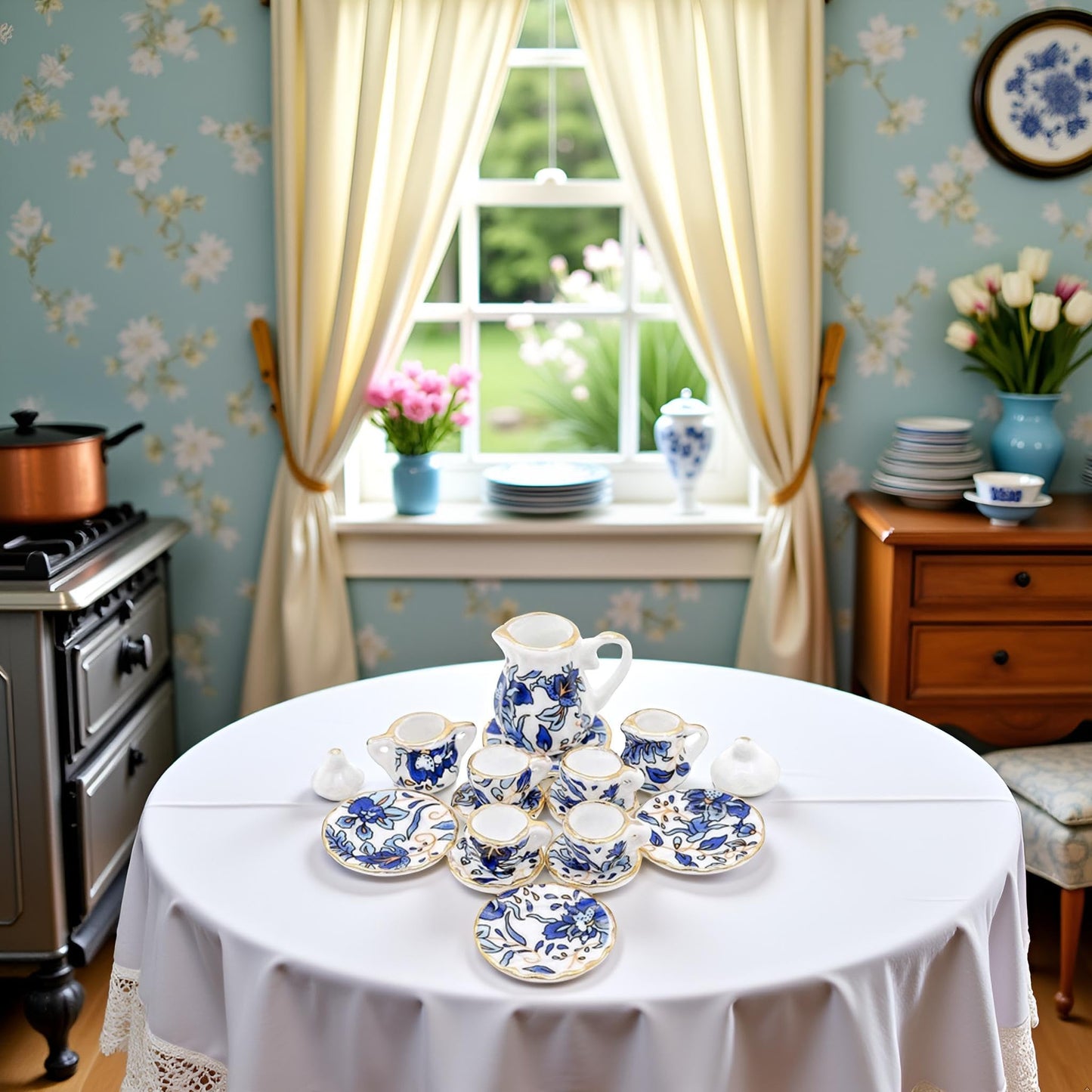 15 Pcs Blue 1:12 Miniature Porcelain Chintz Tea Cup Set Dollhouse Accessories