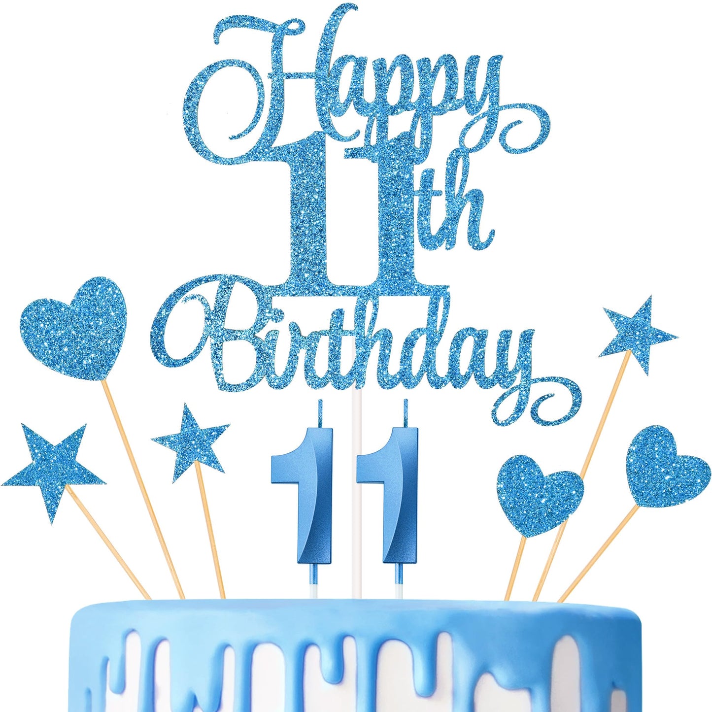 Lecferrarc 11th Birthday Cake Decorations, 11th Birthday Candles Cake Numeral Candles and Glitter Happy 11th Birthday Cake Toppers Set for Birthday