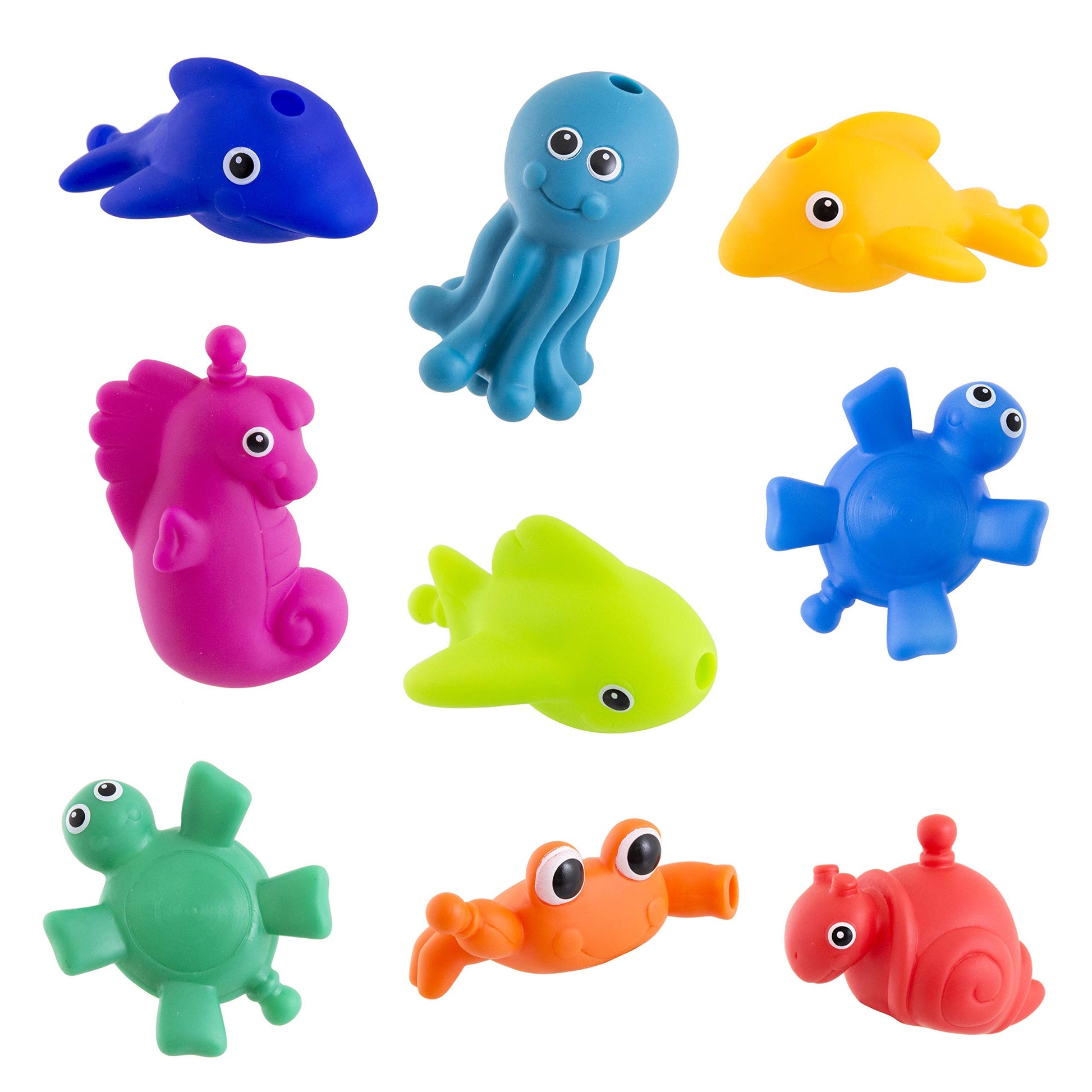 Sassy Snap and Squirt Sea Creatures - 6+ Months Set of 9 Sea Characters Includes Storage Bag with Two Large Suction Cups