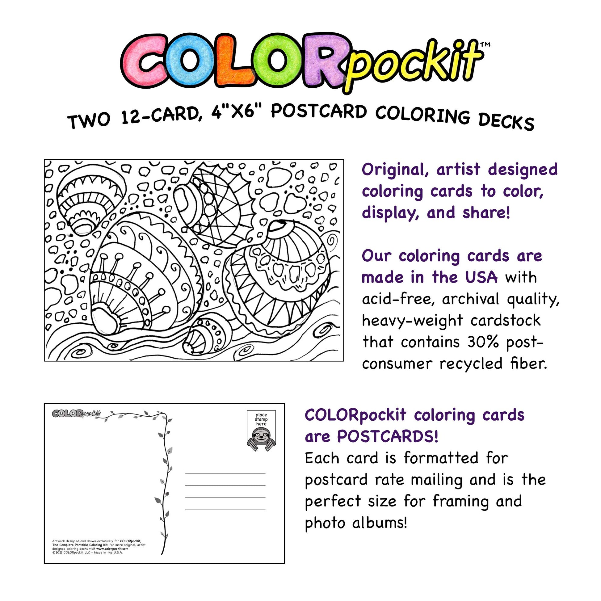 Colorpockit 4x6 Postcard Coloring Book Deck Pack Bundle with Artsy Animals and Seaside Scenes. Refills Complete Portable Coloring kit. Contains Two