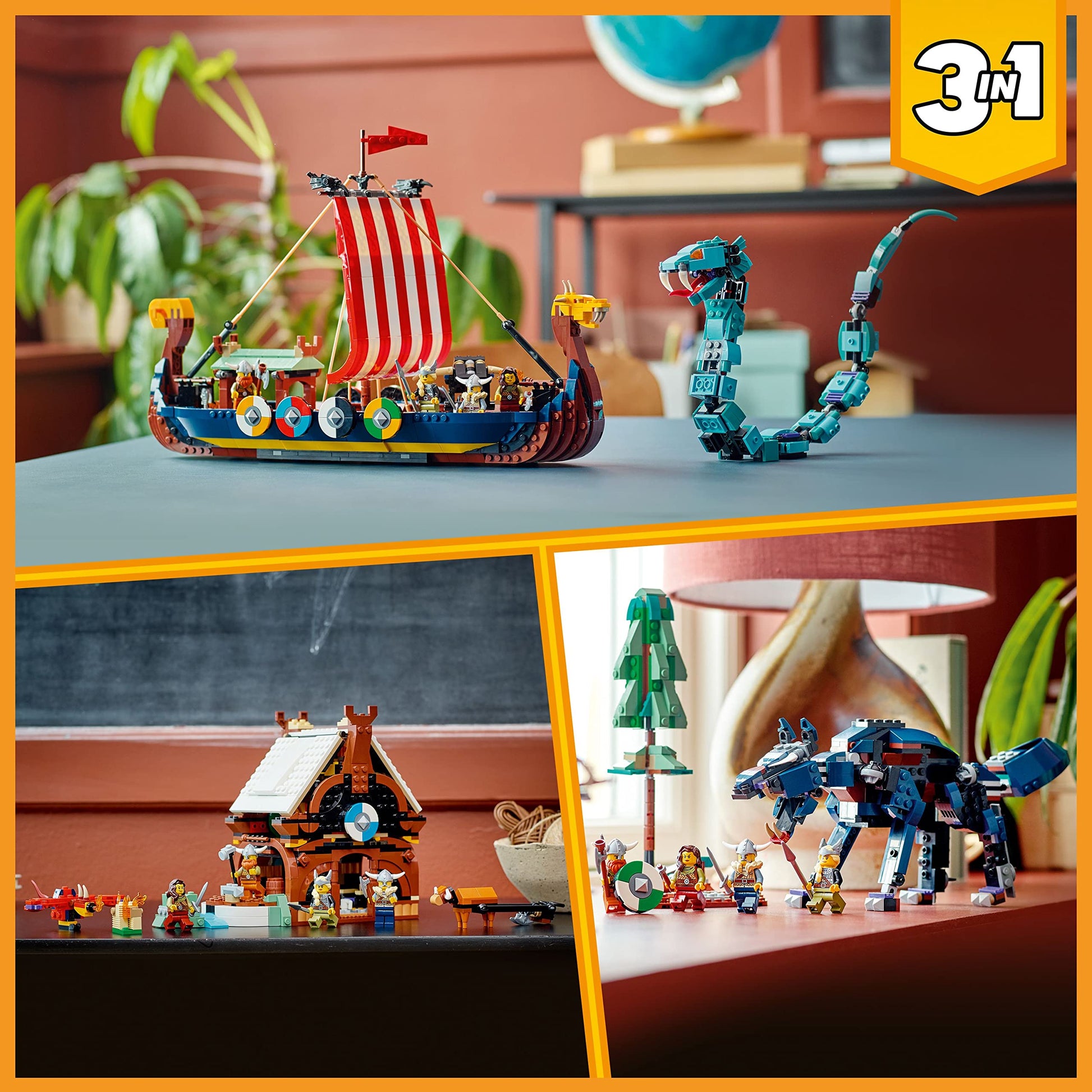 LEGO Creator 3 in 1 Viking Ship and The Midgard Serpent, Transforms from Amazing Ship to Viking House or Fenris Wolf Figure, Gifts for Kids, Boys, and