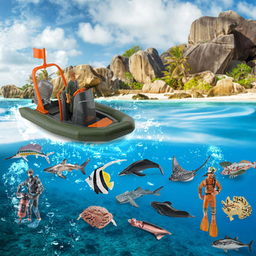 Scuba Diver Toy Set 15PCS Mini Sea Marine Animal Figure Shark Figurines Bath Toys Submarine Toys Underwater Swimmers Action Figures Realistic Divers