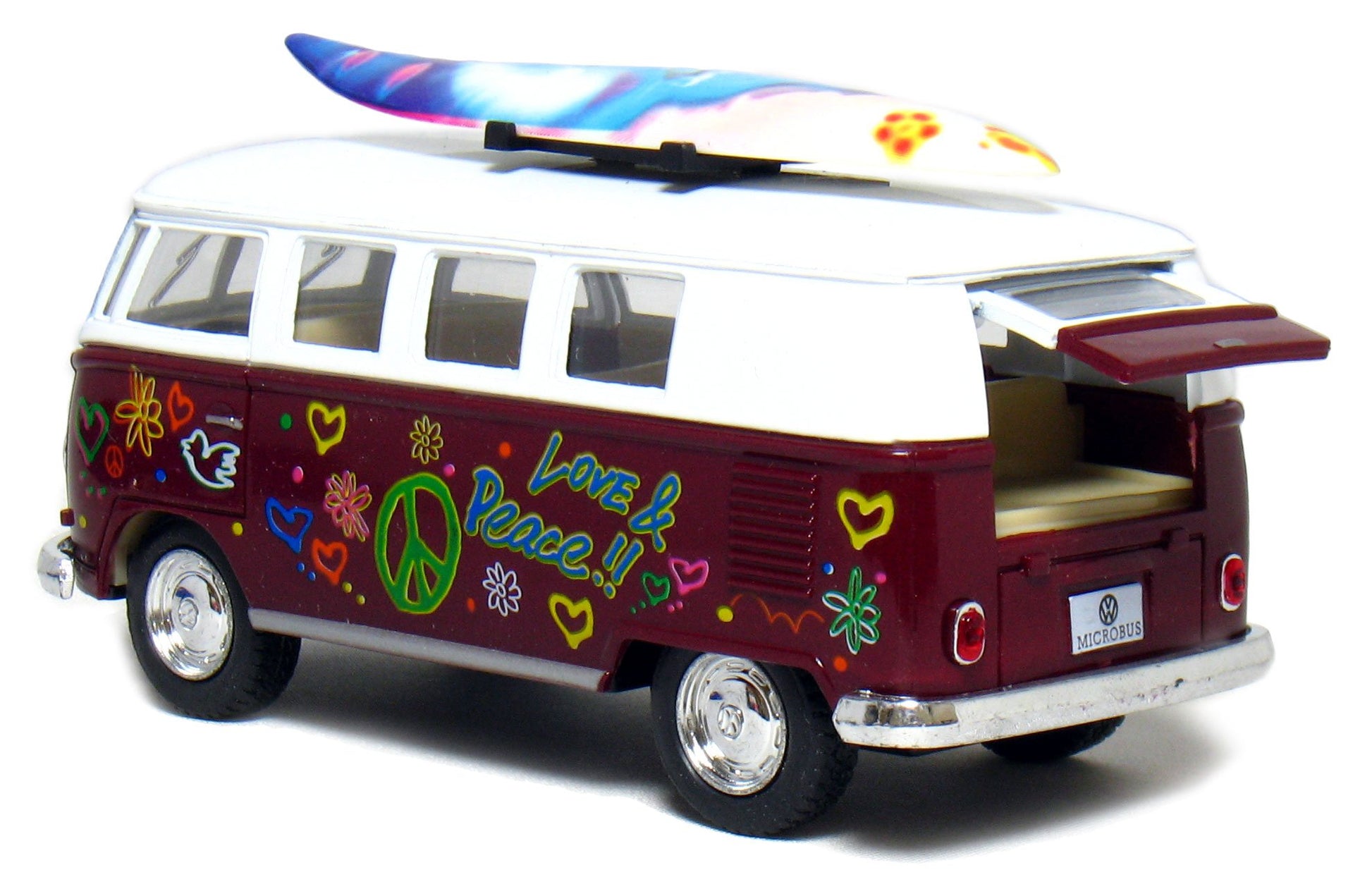 KiNSMART 1962 Volkswagen Classic Bus 1:32 Scale 5" Die Cast Metal Model Toy Van Pullback Acation (4 Set Surfboard Flower Power)
