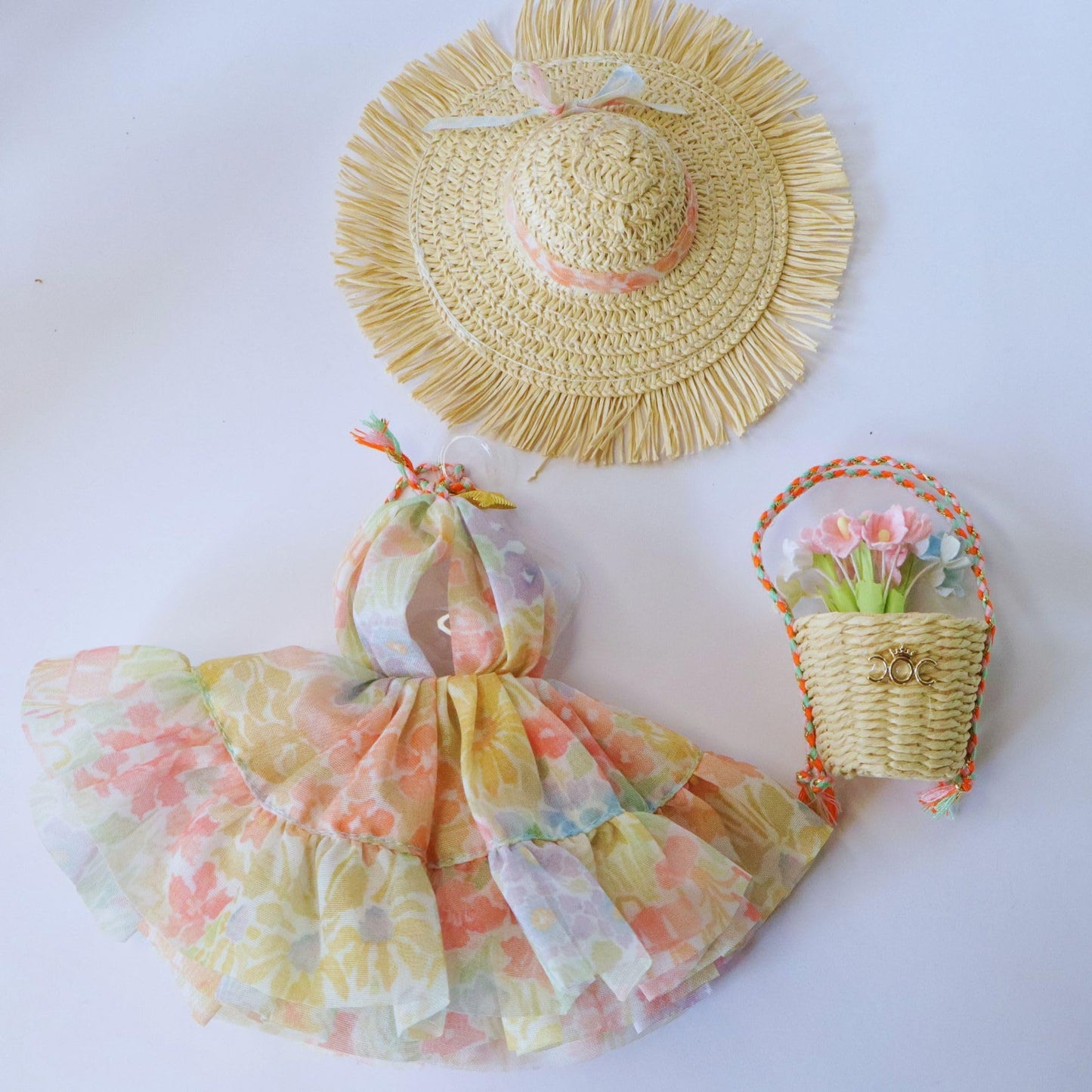 Fashion Doll Outfit Set, Floral Print Halter Mini Dress with Straw Hat and Woven Basket, Summer Beach Style, for 11.5-12" Dolls or 1/6 Scale Super