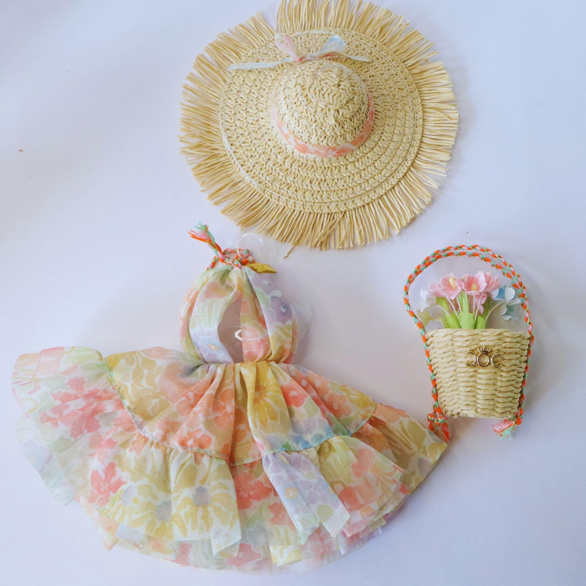 Fashion Doll Outfit Set, Floral Print Halter Mini Dress with Straw Hat and Woven Basket, Summer Beach Style, for 11.5-12" Dolls or 1/6 Scale Super