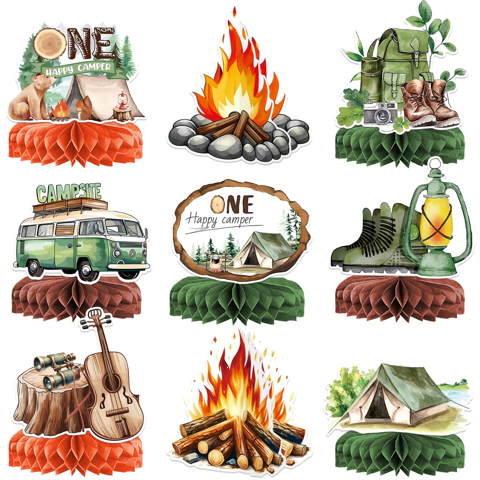 9 PCS Camping Honeycomb Centerpieces with Fake Campfire, Camping Table Decorations, Camping Decorations, Camping Themed Party Decorations, Camping