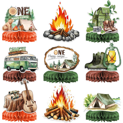 9 PCS Camping Honeycomb Centerpieces with Fake Campfire, Camping Table Decorations, Camping Decorations, Camping Themed Party Decorations, Camping