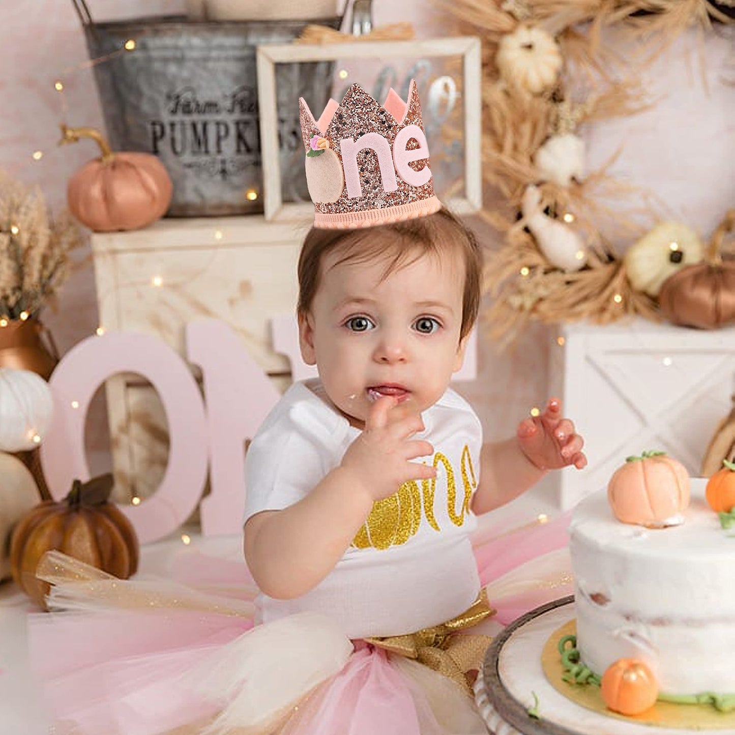Little Pumpkin First Birthday Crown - Pumpkin Theme Birthday Decorations for Baby Girls, Floral Pumpkin 1st Birthday Crown, Birthday Tiara, Baby Girls