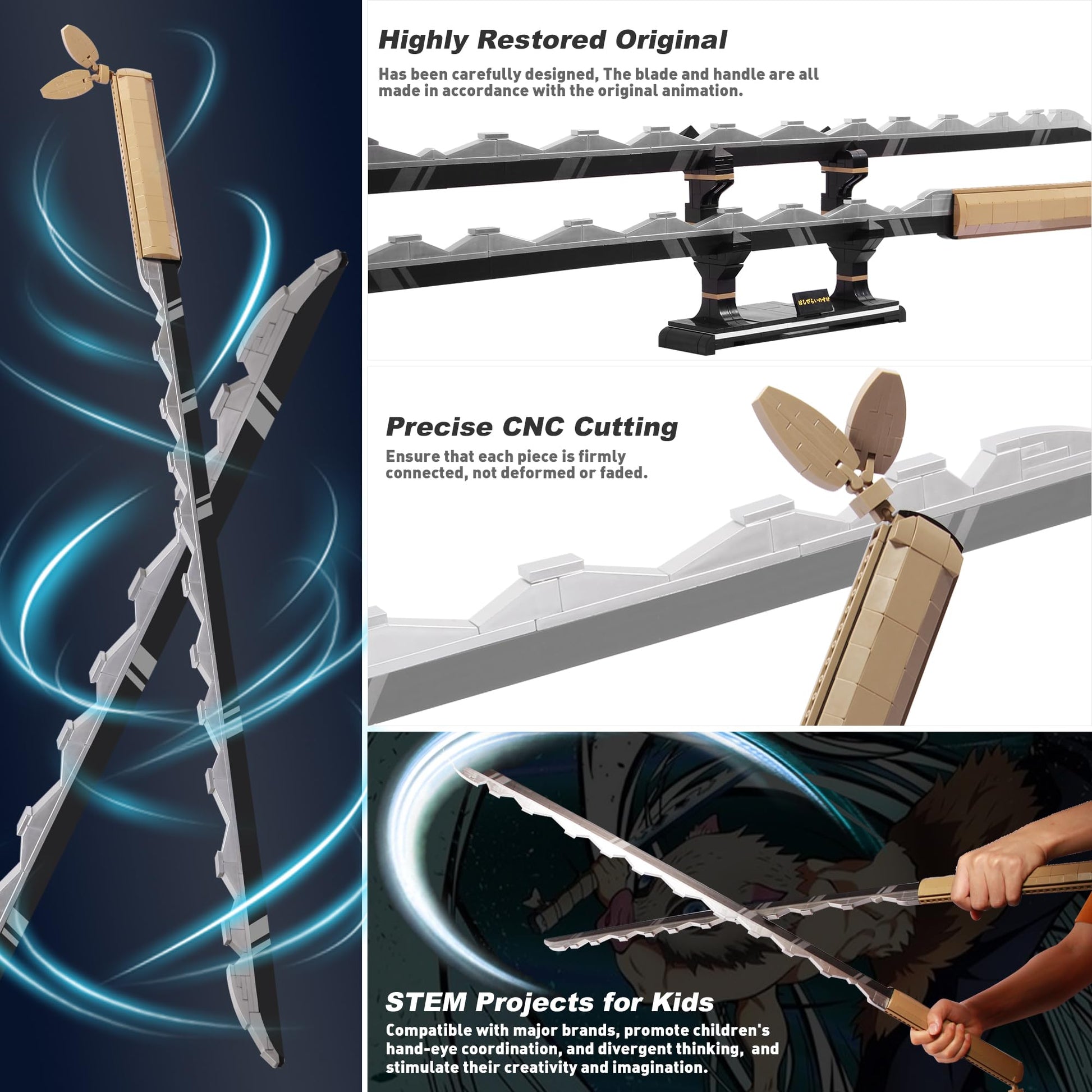 Swords Building Set, 40in Hashibira Inosuke Dual-Sword Building Block with Stand, Anime Sword Building Toy Katana Kids Toys for Boys Age 8-12, 838 Pcs