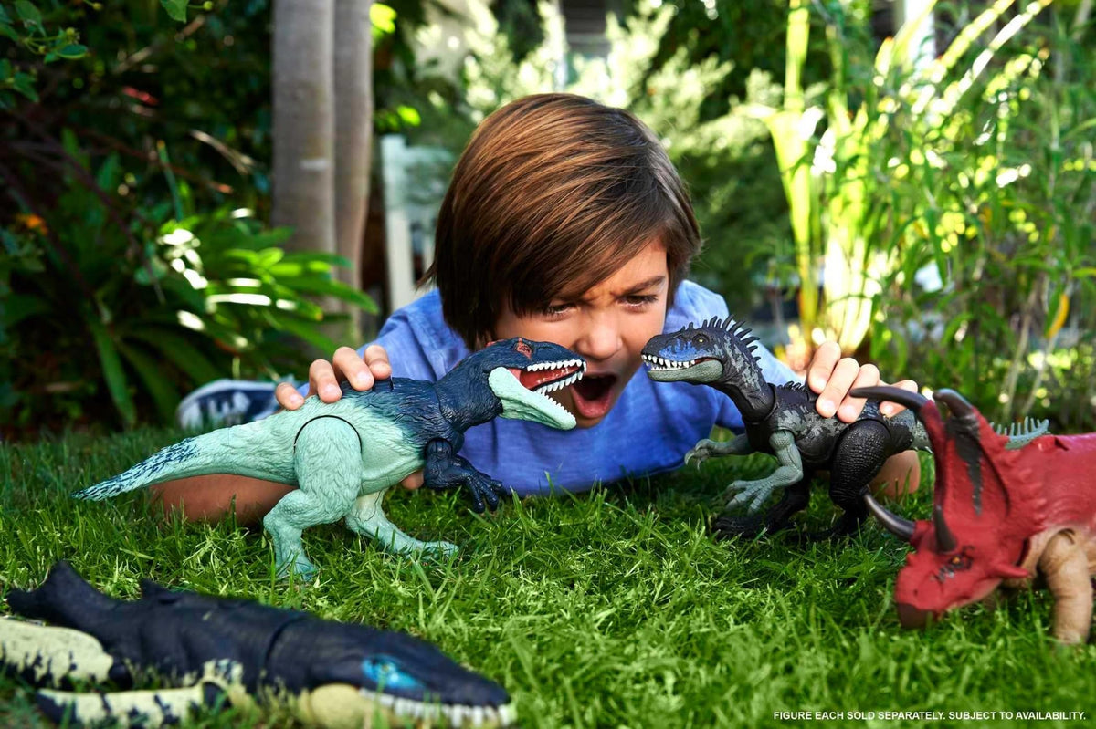 Mattel Jurassic World Wild Roar Dinosaur Toy with Sound & Attack Move, Eocarcharia Posable Action Figure Includes Digital Play, 11 inches Long