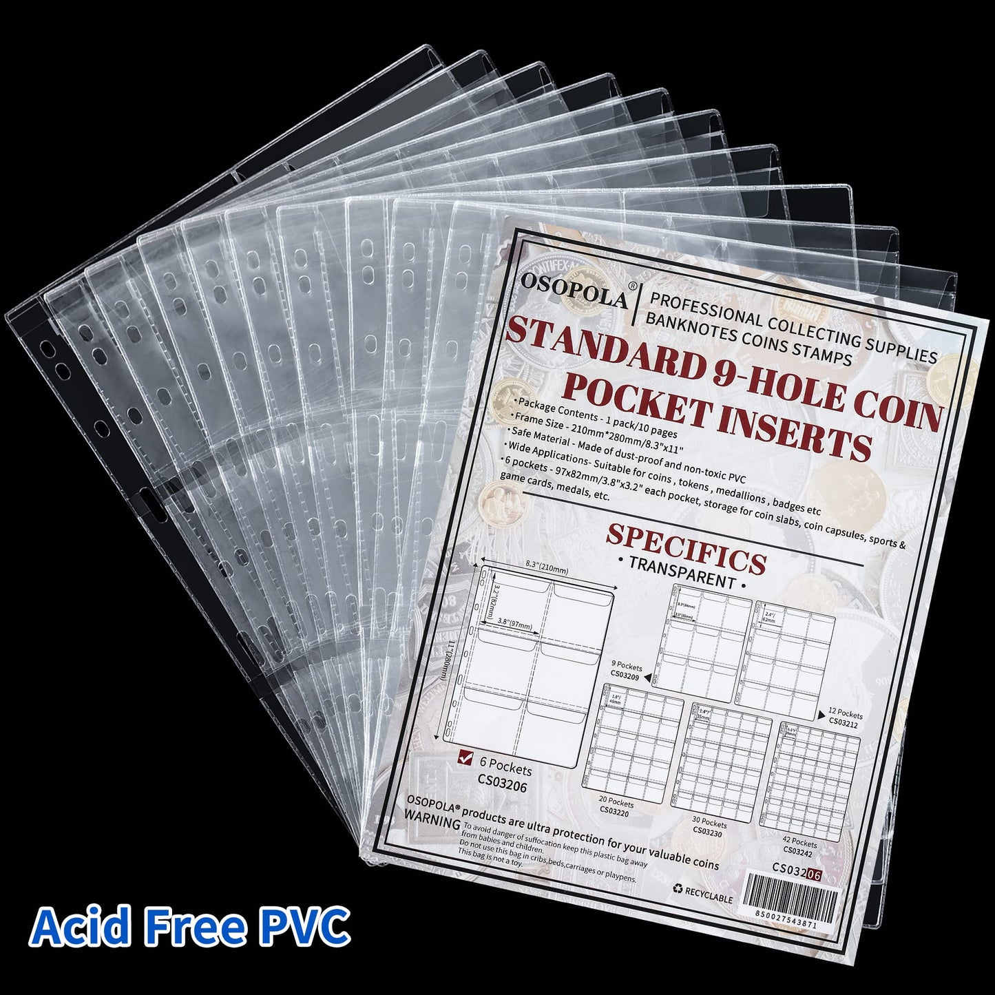 60 Pockets Coin Binder Pages - 3.8×3.2 inch Holders 10 pcs Loose-Leaf Sheets Acid-Free Collection Holders for Medallion Coin Stamp Currency Collecting