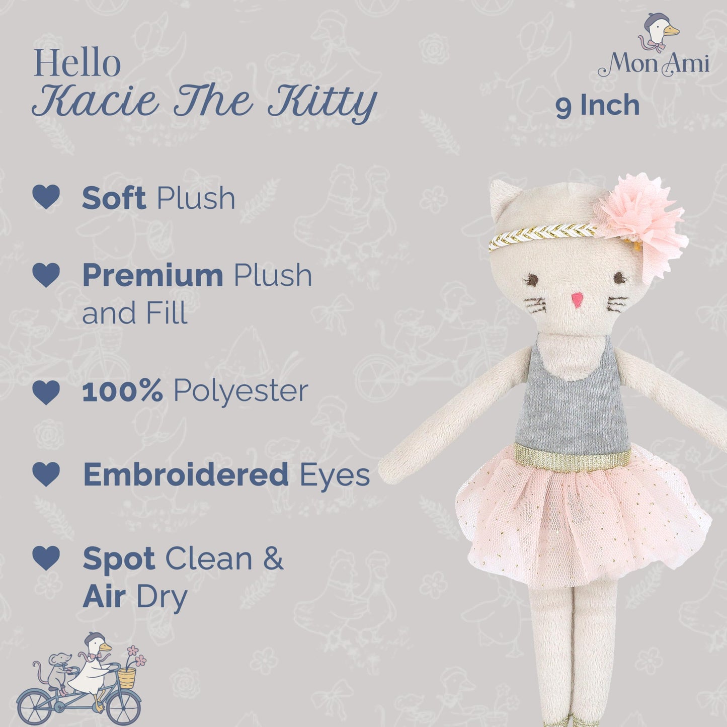 MON AMI Kacie The Kitty Ballerina Stuffed Doll - 9”, Soft Plush Animal Doll, Use as Toy or Room Decor, Great Gift for Kids of All Ages