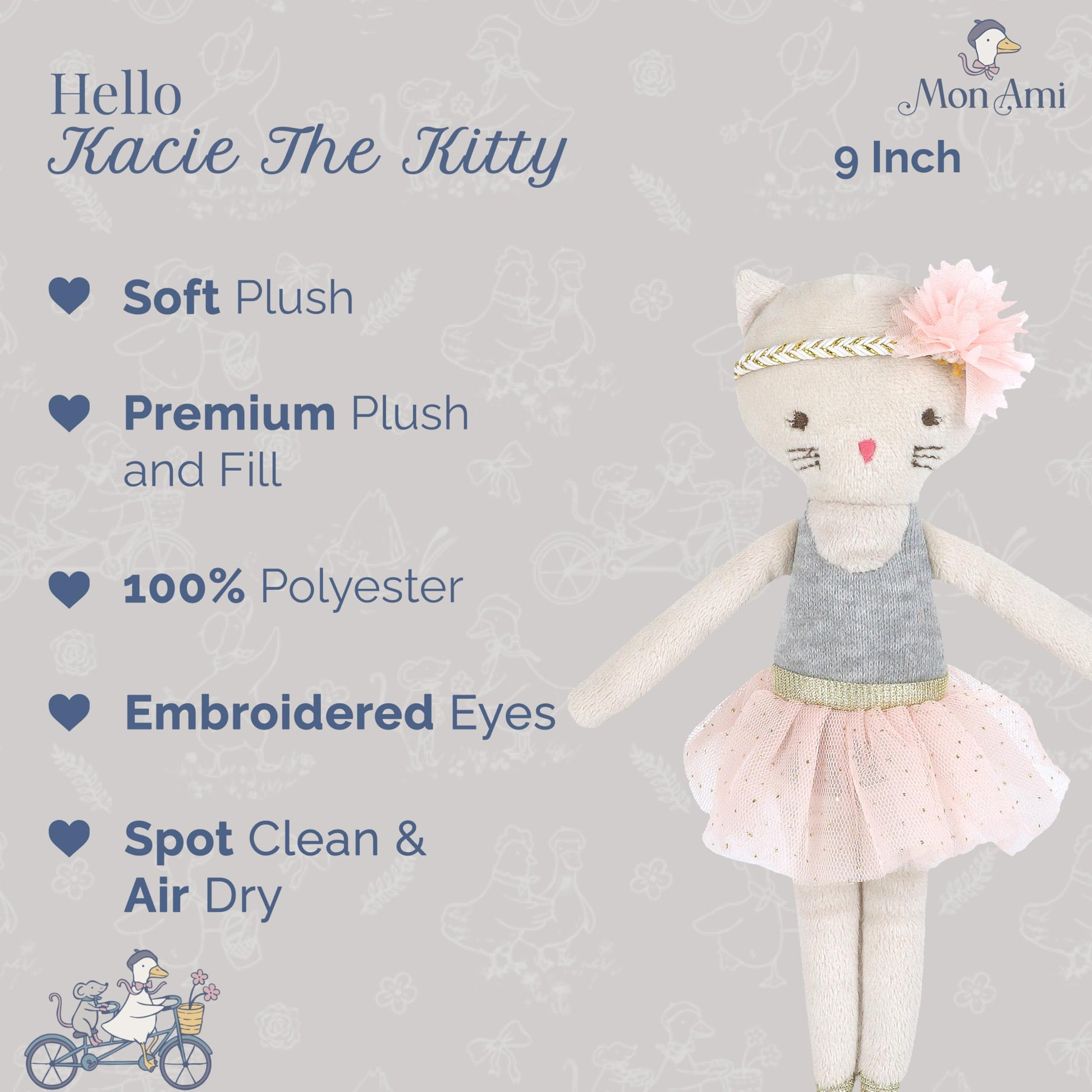 MON AMI Kacie The Kitty Ballerina Stuffed Doll - 9”, Soft Plush Animal Doll, Use as Toy or Room Decor, Great Gift for Kids of All Ages