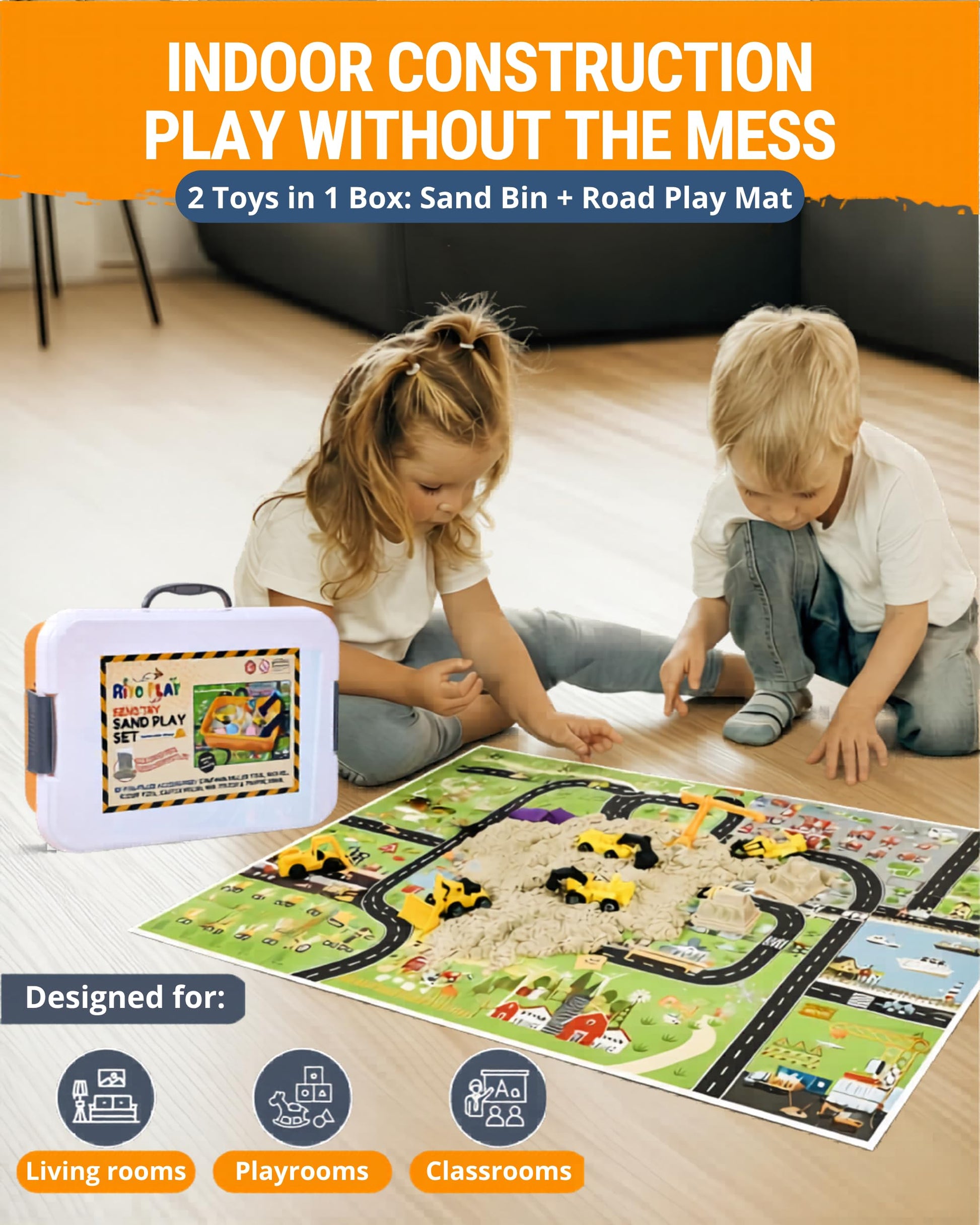Riyo Play Construction Sensory Bin for Toddlers, 2-in-1 Play Mat, Ages 3+