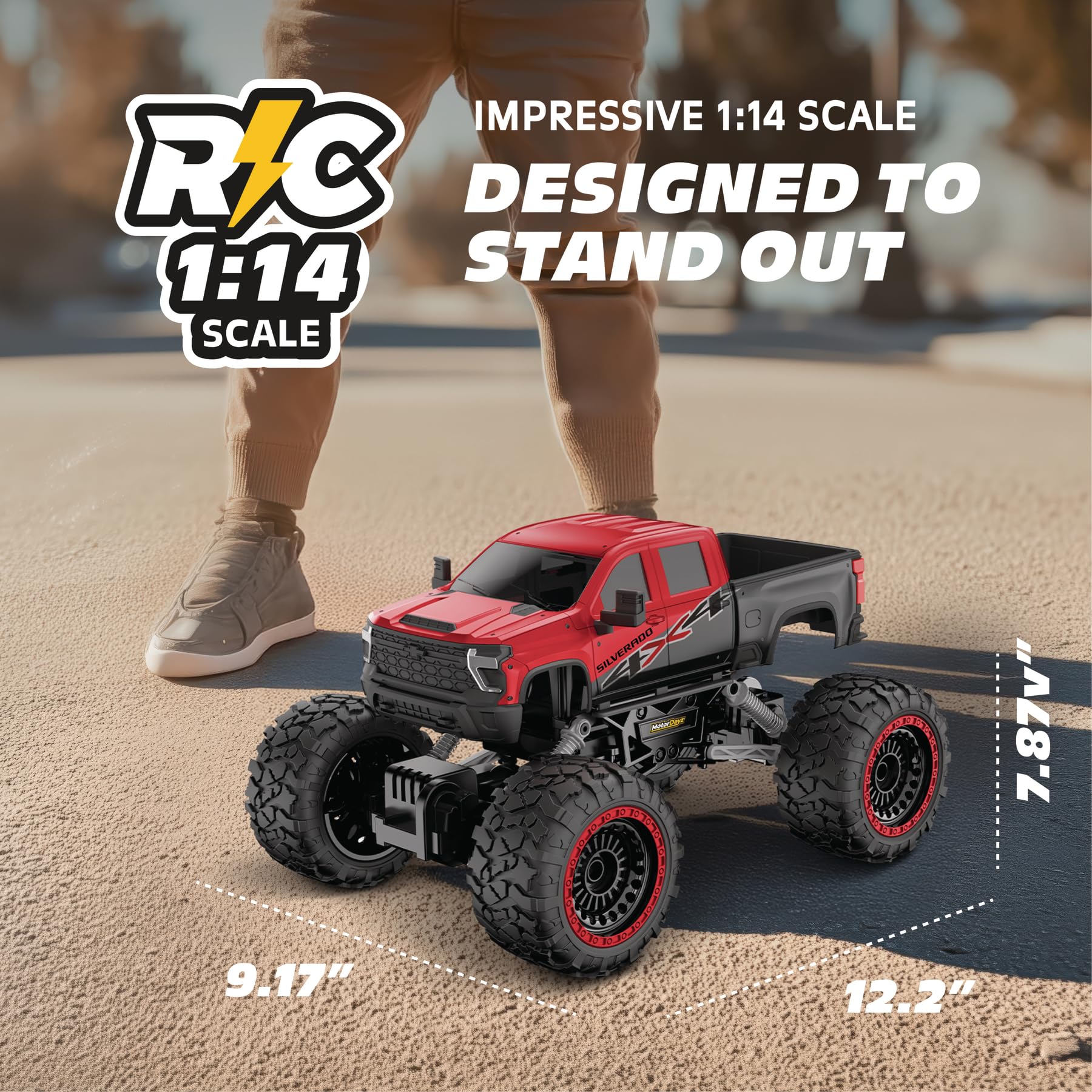 Motor Dayz RC 4WD Heavy Metal Chevrolet Silverado Truck - 1:14 Scale Remote Control Car, Stamped Metal Body, 2.4GHz Full-Function Radio Control, USB