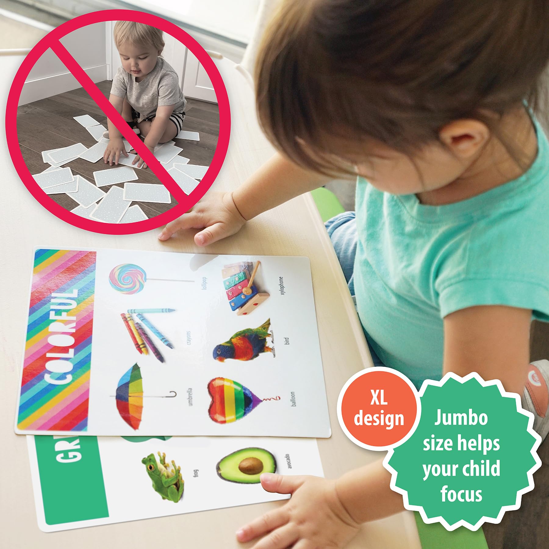 Jumbo Focus Cards™ Made in USA. 12ct Extra-Large Flash Cards - 12 Months+. Colors, Animals, Food & Objects. 7.5" x 10". Over 140 Photos. Used by