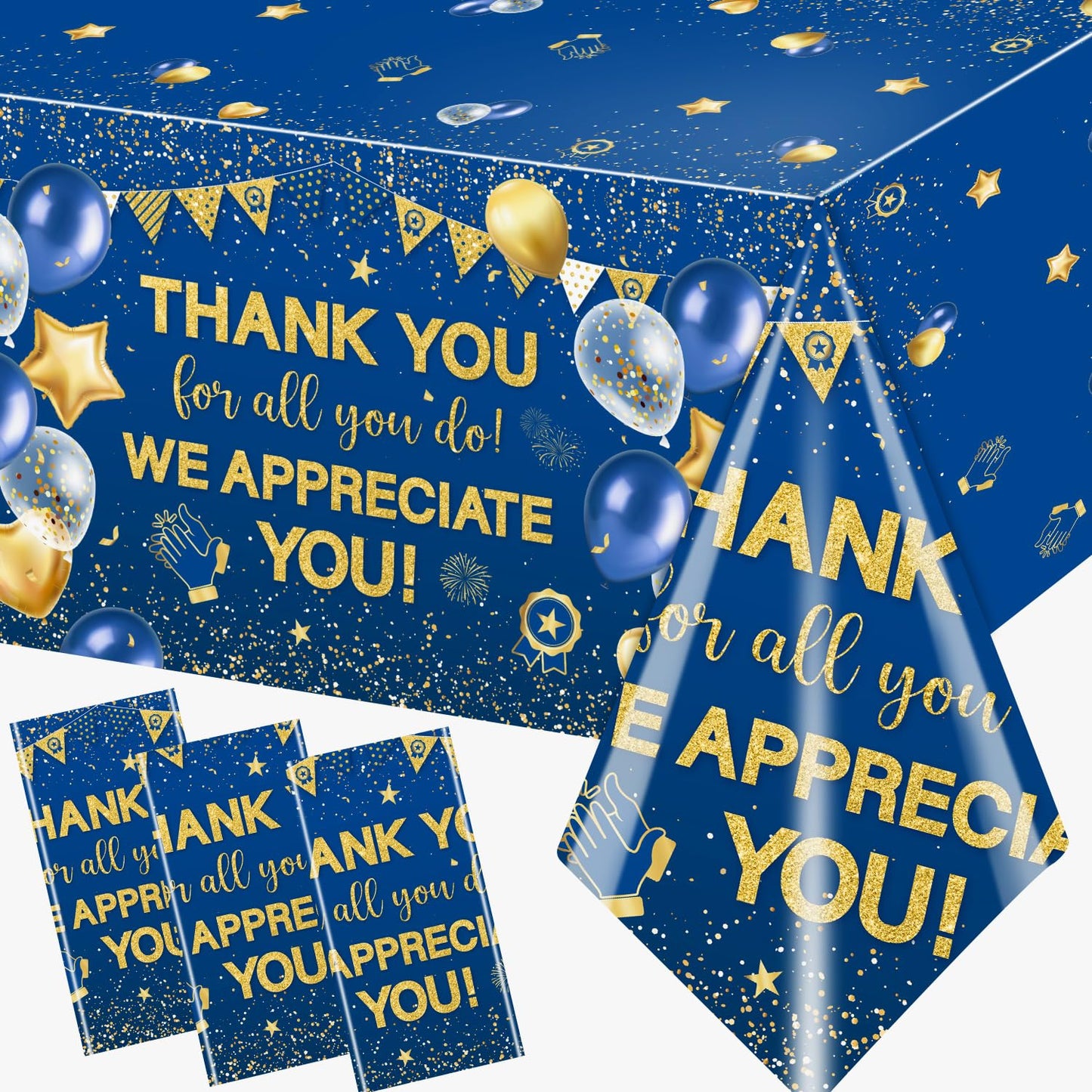 TEMYAXU 3Pieces We Appreciate You Decorations Tablecloth, 71 * 43 Inch Thank You for All You Do Table Cover Blue and Gold Thank You Tablecloth