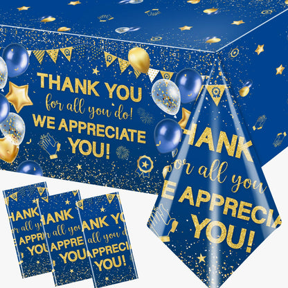 TEMYAXU 3Pieces We Appreciate You Decorations Tablecloth, 71 * 43 Inch Thank You for All You Do Table Cover Blue and Gold Thank You Tablecloth