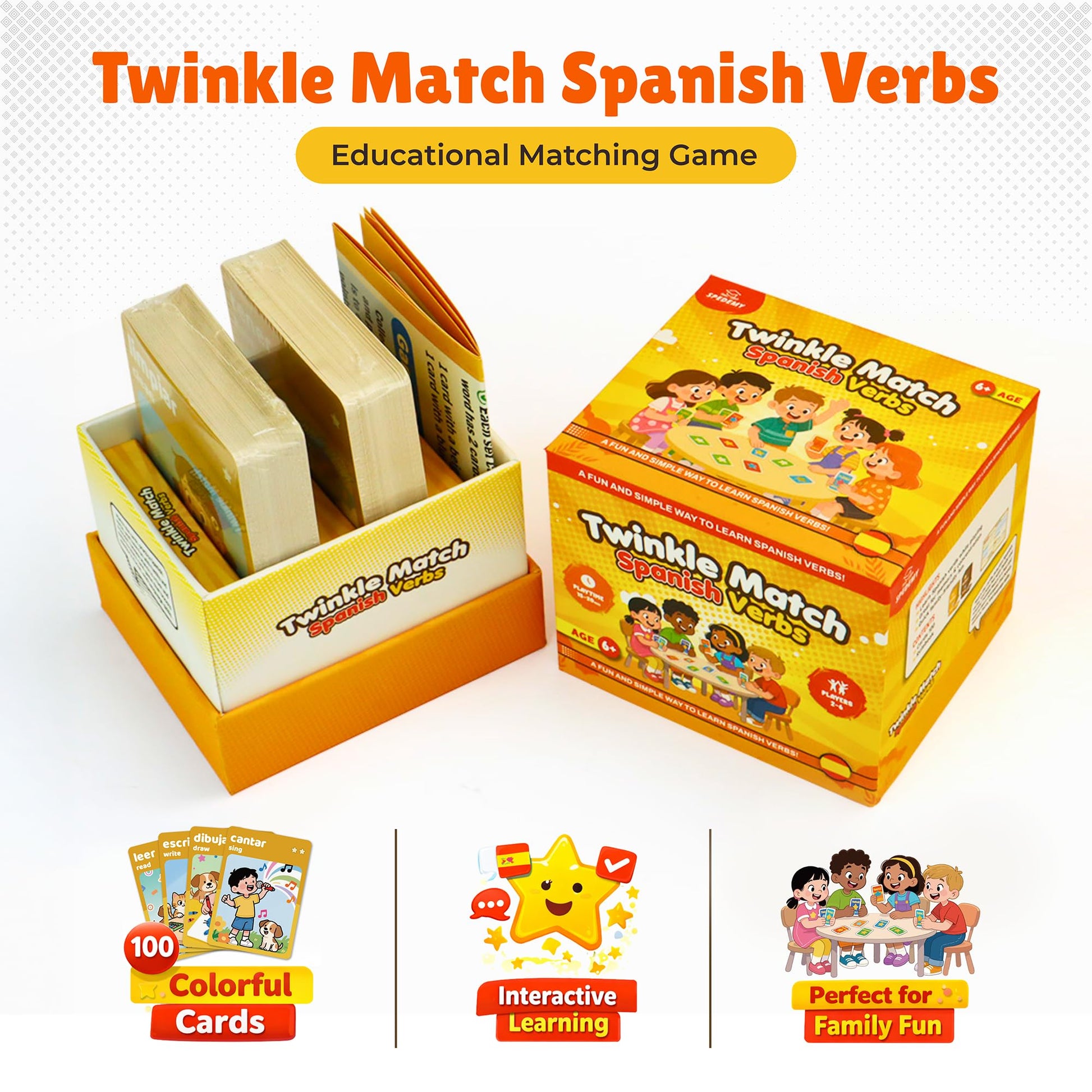 Spedemy Twinkle Match Spanish Card Game - 100 Vocabulary Matching Cards, Bilingual Games, Spanish Board Game for Kids, Beginners, Families, Homeschool