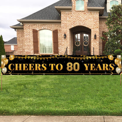 80th Birthday Decorations for Men & Women - 10ft "Cheers to 80 Years" Black & Gold 80th Birthday Banner - Large Elegant Backdrop for Indoor, Yard