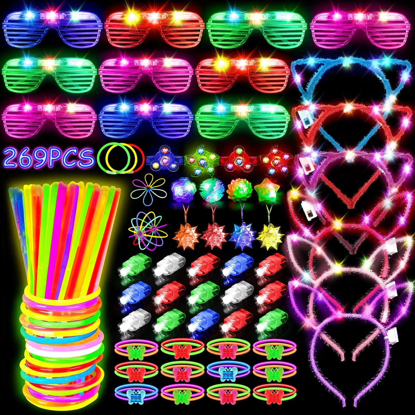 MIBOTE 269Pcs Led Light Up Toys Party Favors Glow in the Dark Party Supplies for Kid/Adults with Light Up Glasses,Headband,Rings,Bracelets,100 Glow