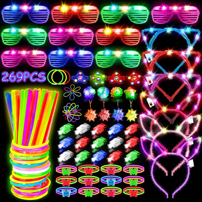 MIBOTE 269Pcs Led Light Up Toys Party Favors Glow in the Dark Party Supplies for Kid/Adults with Light Up Glasses,Headband,Rings,Bracelets,100 Glow