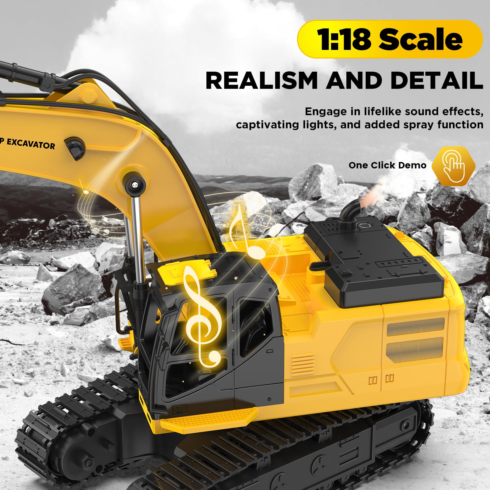 1:18 Metal RC Excavator Toy for Kids | 11-Channel Remote Control Construction Vehicle with Water Spray, Lights & Sounds, Dual 100-Min Batteries, 2026