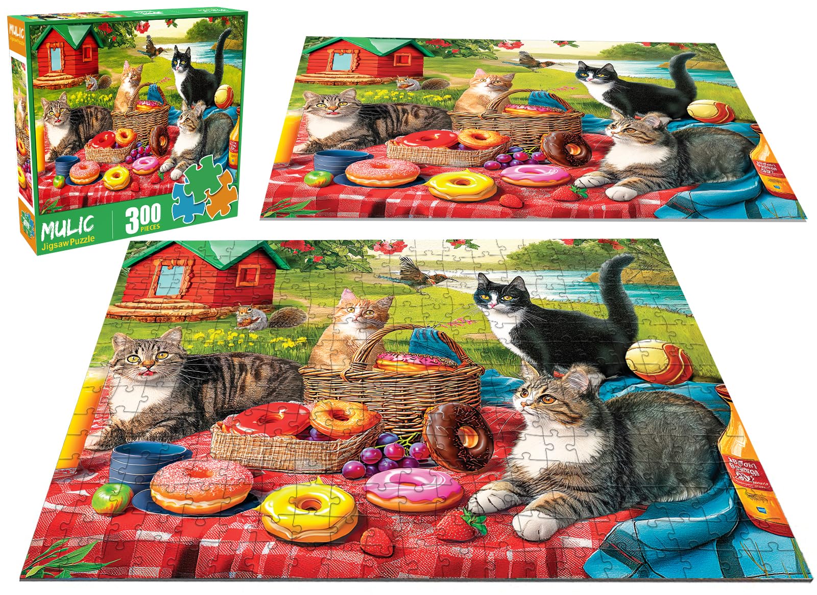 300 Piece Puzzles for Adults - Jigsaw Puzzles for Kids Seniors - Picnic Kittens and Donut