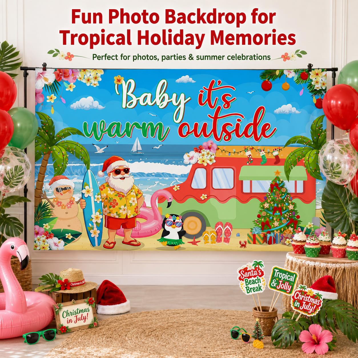 Christmas in July Backdrop 72x43 Inch Polyester Fabric, Baby Its Warm Outside Summer Santa Beach Party Decorations, Tropical Holiday Photo Background