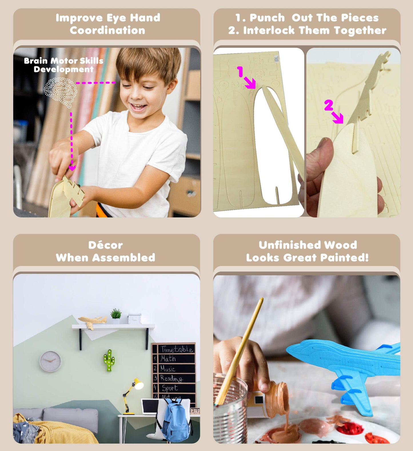 Puzzled 747 Jet Plane 3D Puzzle Wood Craft Construction Kit Aircraft, Fun & Educational DIY Wooden Toy Assemble Model Unfinished Craft Hobby Airplane