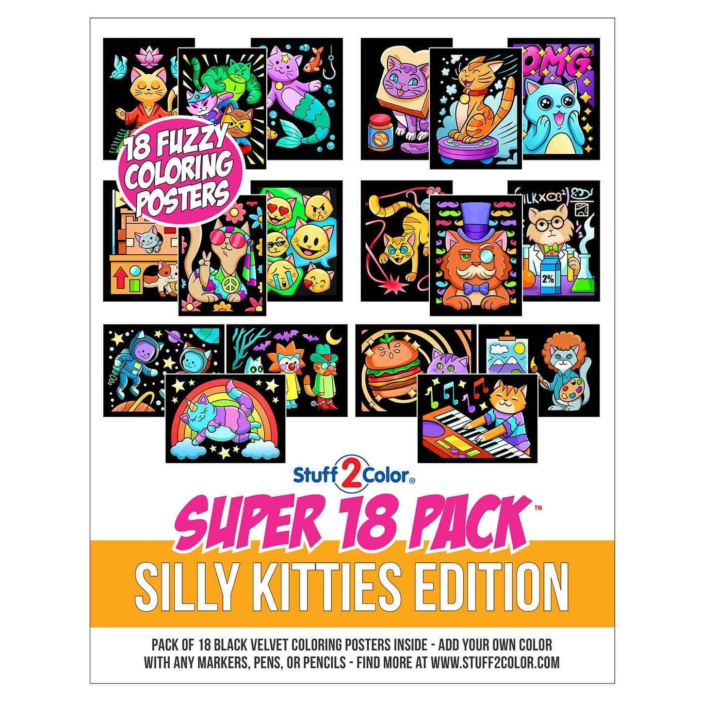 Super Pack of 18 Fuzzy Coloring Posters (Silly Kitties Edition) - Arts & Crafts for Kids, Toddlers, Girls, Boys & Adults - Great for Family Fun