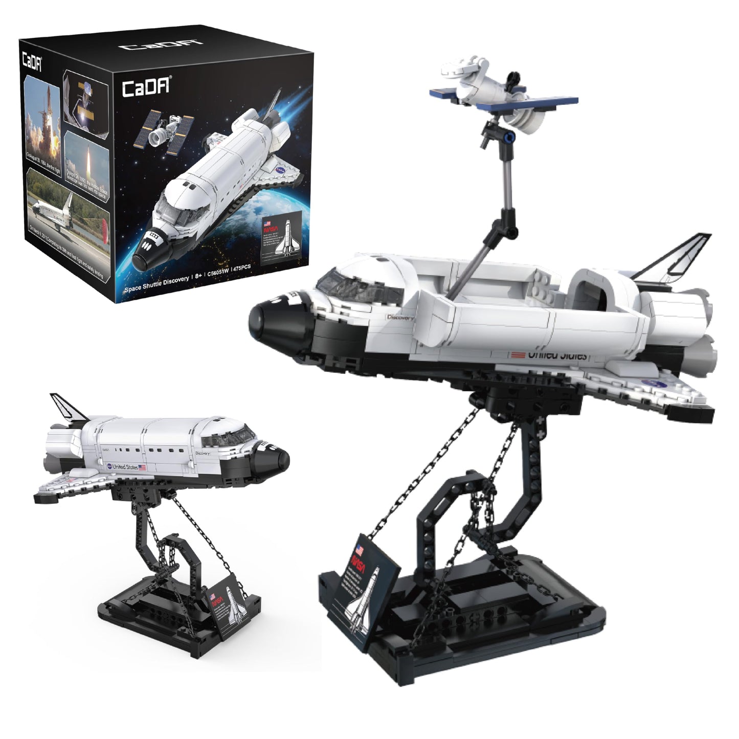 CADA Bricks - NASA Space Shuttle Discovery Building Set with Satellite & Display Stand, 475 Pieces, NASA Shuttle Model Kit, Compatible with Major