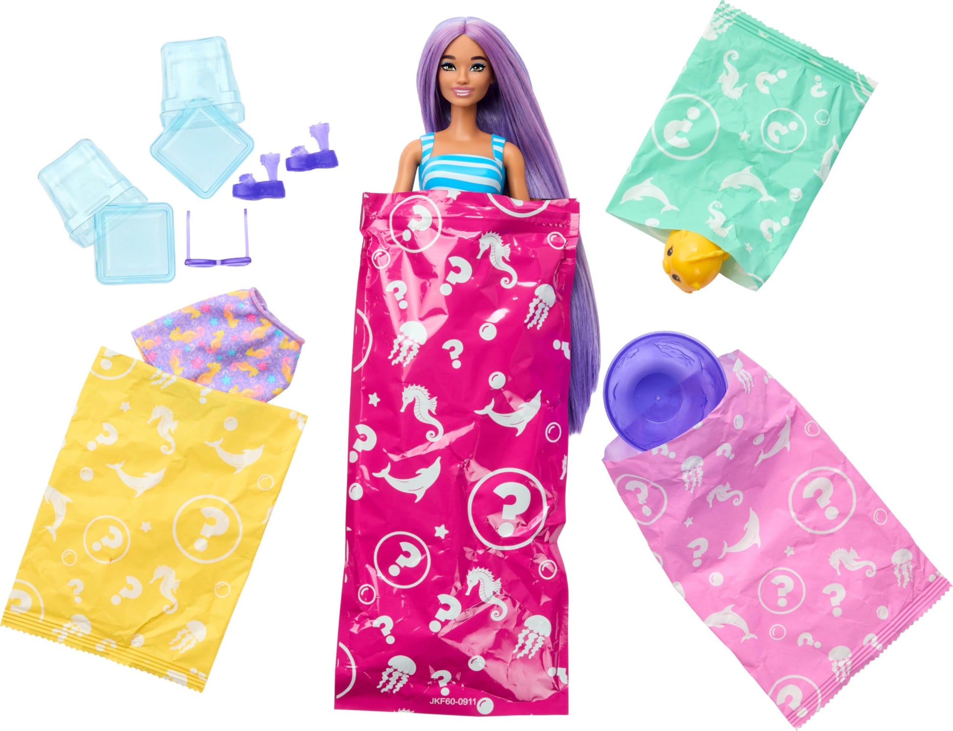Barbie Pop Reveal Doll & Accessories, Sea Slushy Series Fashion Doll & Pet, 8 Surprises Includes Sensory Slime, and Color Change Hair