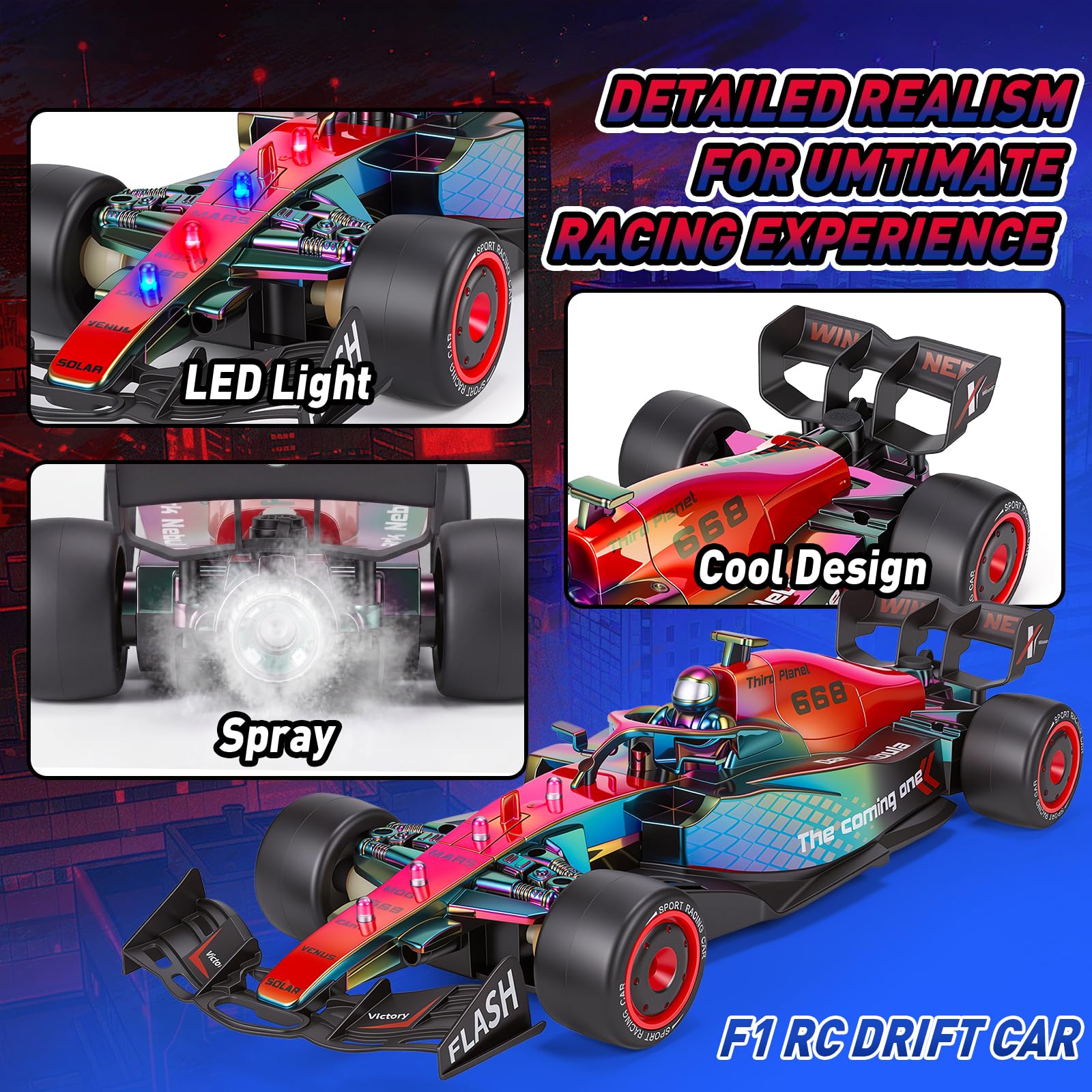 JolliBrix F1 RC Drift Car with LED Lights & Spray, 2.4GHz Remote Control F1 Drift Car, High Speed Drift Racing Car Toy for Kids, F1 Toys Gift for Boys