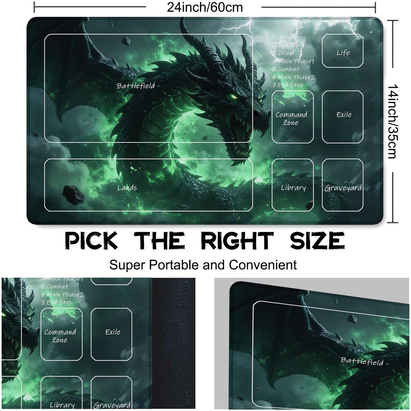 Playmat for MTG Green Dragon Magic Play Mat 24x14 Inch Card Game Mat for Magic The Gathering TCG PTCG Playmat with Free Storage Bags Non-Slip Backing