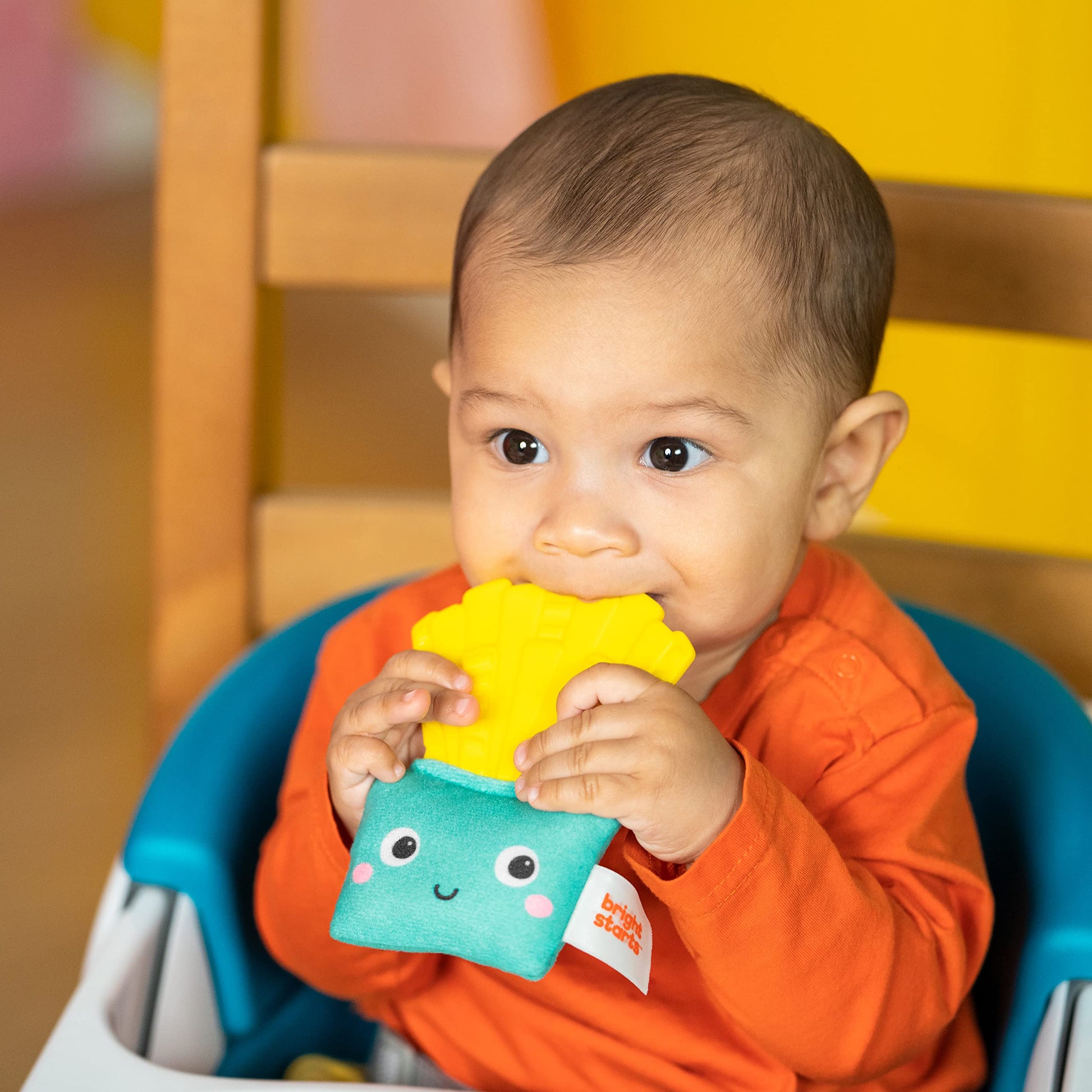 Bright Starts Side of Smiles French Fry Teether Toy with Crinkle Textures, Baby Teething Toy, BPA Free, Unisex, 3 Months+
