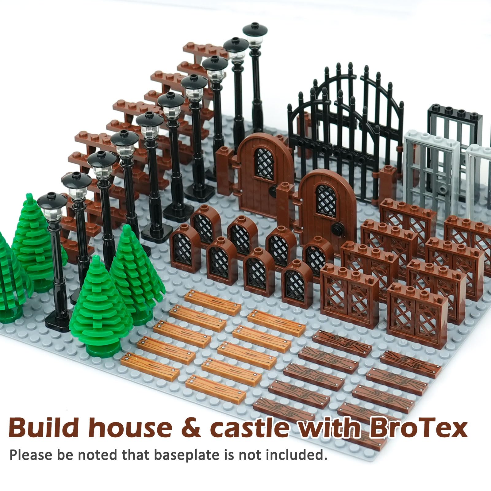 BroTex Doors Windows Accessories Bricks Pieces, City House Parts Garden Classic Road Lamp Light Ladder Gate Castle, Creative DIY Construction