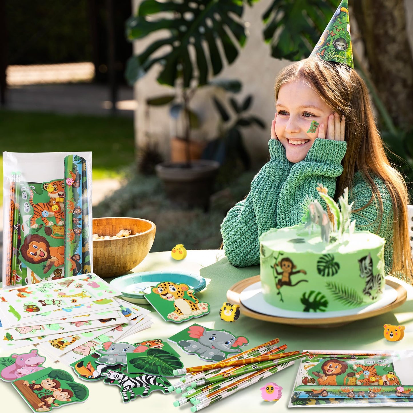 BenLouis 120Pcs Jungle Safari Party Favors Zoo Animals Sticker Stampers Slap Bracelets School Stationery Set Bulk Classroom Prizes for Kids Wild One