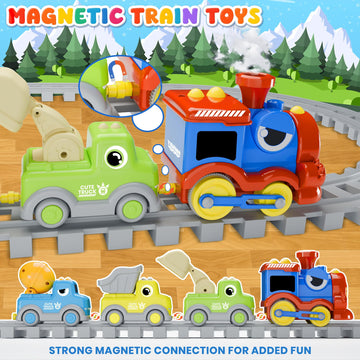 Train Set for Toddlers with Steam, Music & Lights, Electric Choo Choo Train Toy with Tracks & Magnetic Construction Cars, Toy Train Set for Kids