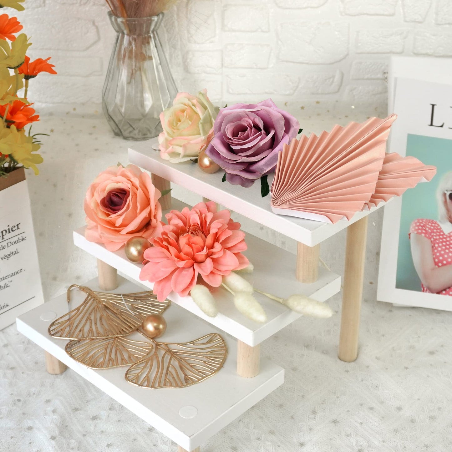 Boho Cake Topper Flower Cake Topper Pink Palm Leaves Cake Decorations with Artificial Rose Ginkgo Leaves and Balls for Wedding Birthday Boho Flower