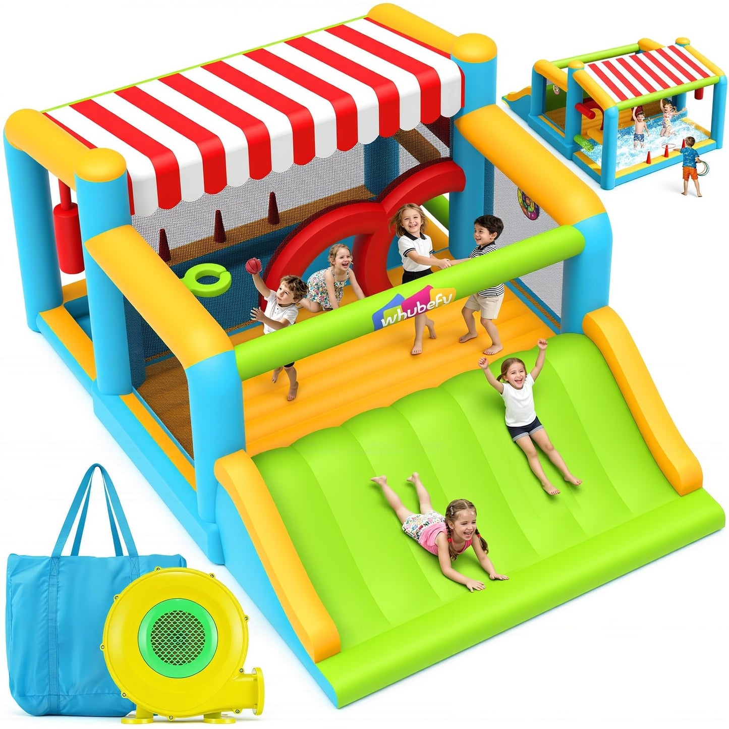 Whubefy 15-in-1 Bounce House with Large Slide and Ball Pit/Water Pool for Kids 3-12, 16.1' x 11.5 'x 8' Giant Inflatable Bouncy Castle with Sun Shade