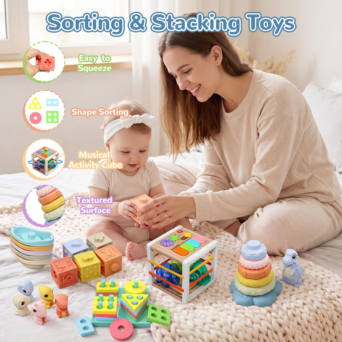 BFALSHB Baby Montessori Toys 6-12 Months, 5 in 1 Sensory Learning Set with Stacking Blocks, Shape Sorter, Bath Toys, Activity Cube, Dinosaur Stacker