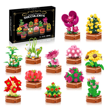 12 Pack Flowers Succulent Party Favors for Kids Building Set, 1001 Pcs Botanical Bonsai DIY Creative Mini Building Blocks for Kids, Artistic Floral