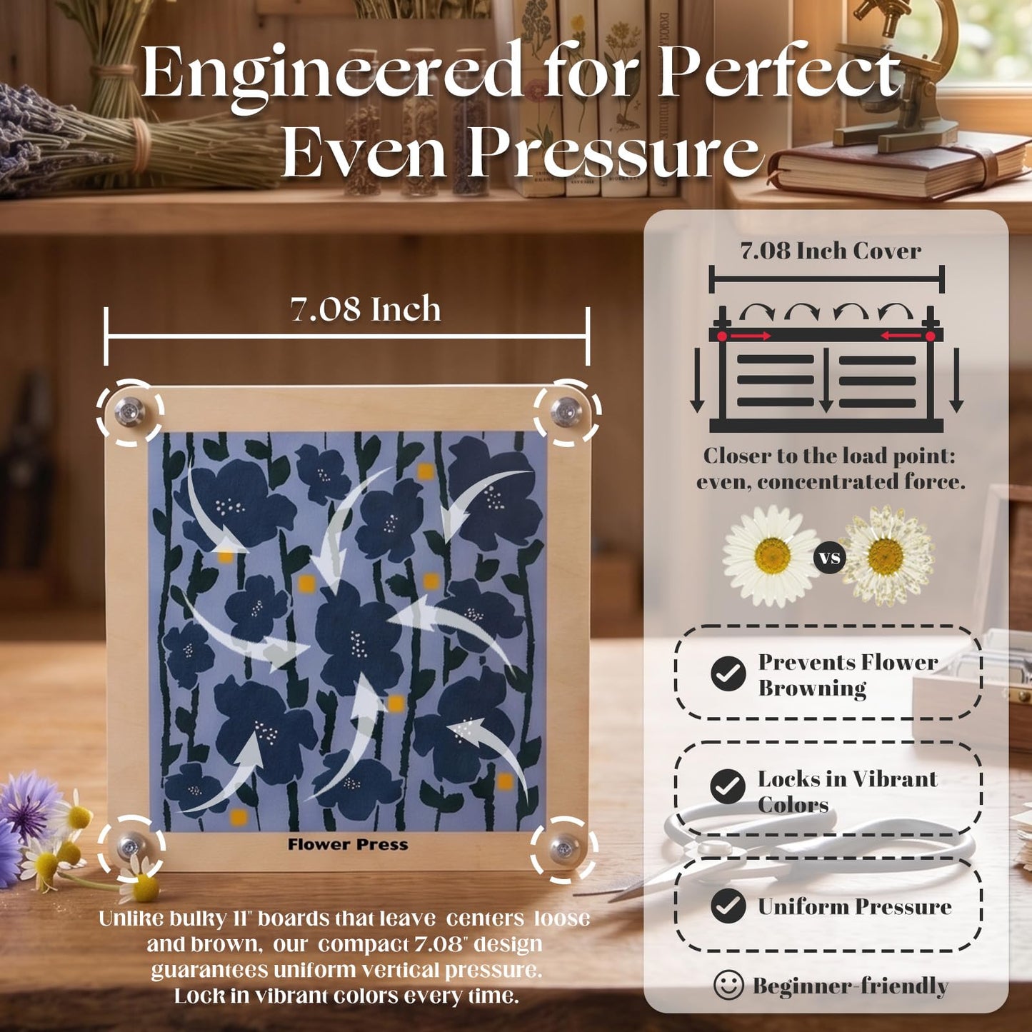 Fuwuu Flower Press Kit 7.1" - Medium Wooden Plant Pressing Book for DIY Art, Blue Camellia Design 6-Layer Leaf Flower Preservation Kit for Adults