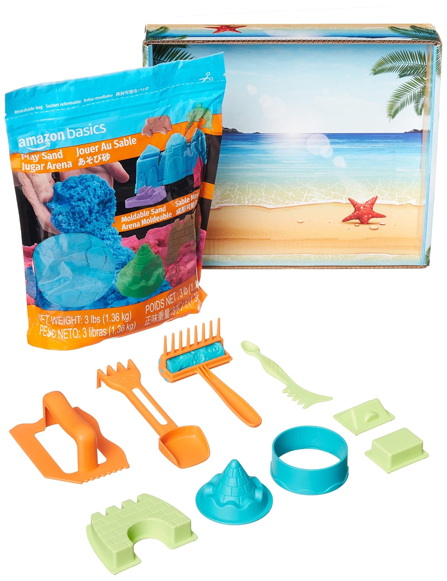Amazon Basics 11 Piece Moldable Sensory Sand Toy Kit with Castle Molds and Tools, 3lbs Blue Color, for Kids Ages 3 and Up