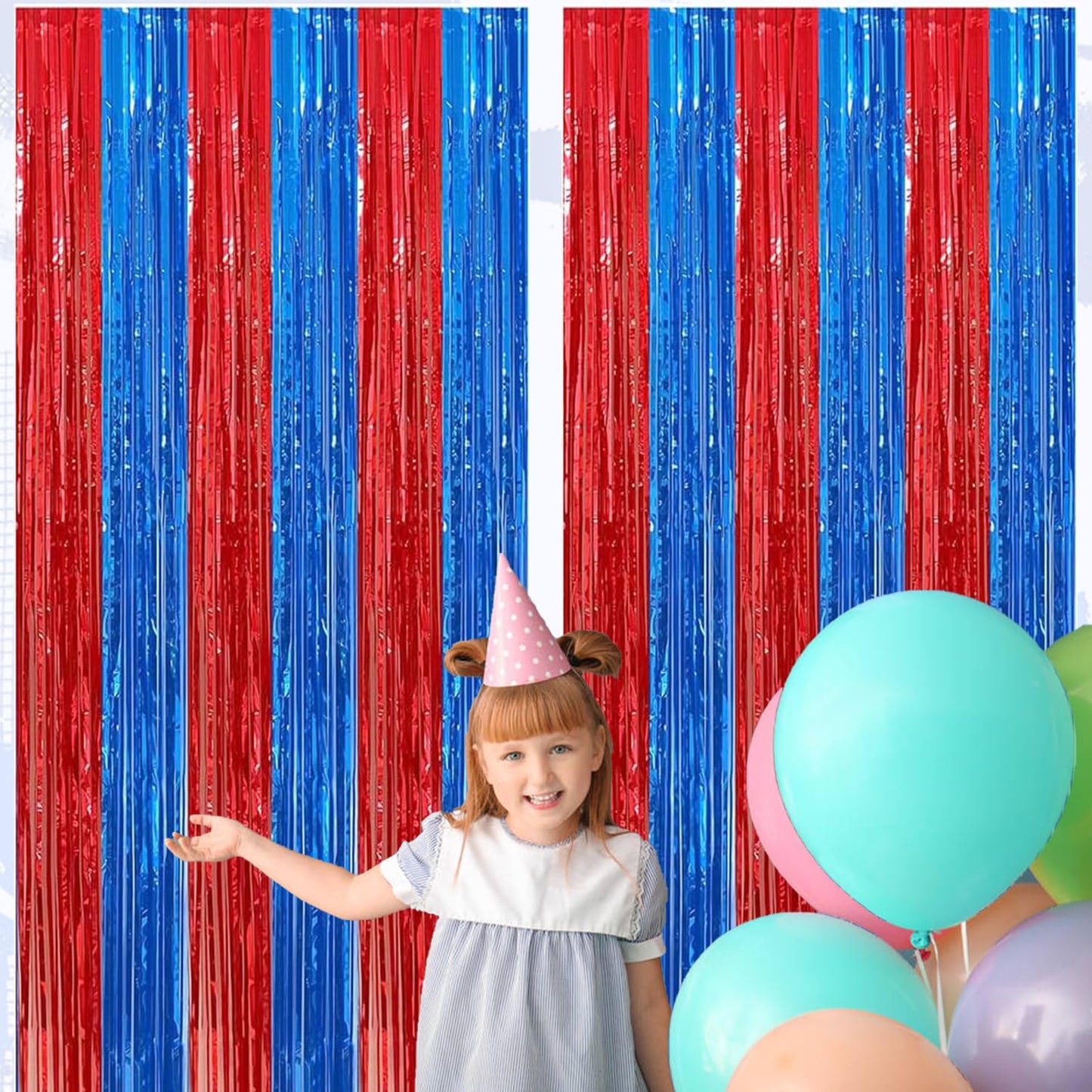 4 Pack Red and Blue Foil Fringe Curtains Backdrops 3.3x6.6 ft