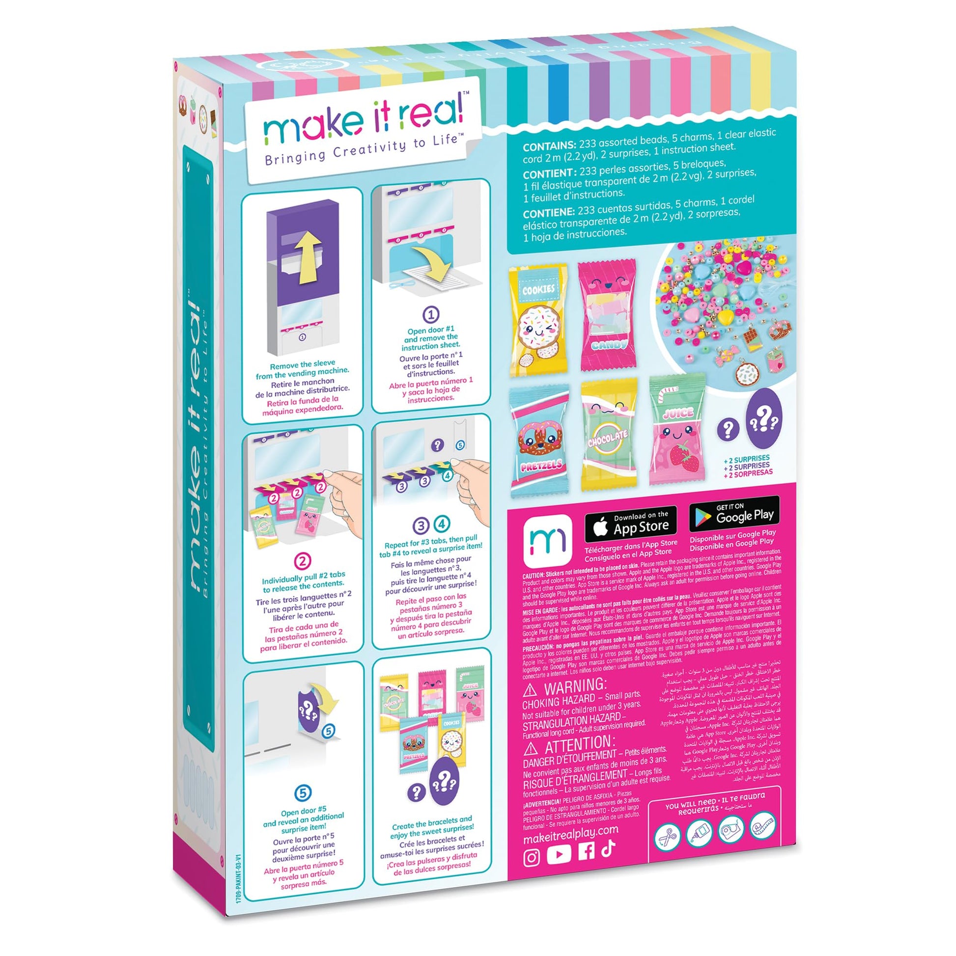 Make It Real: Snackers Bracelet Kit Vending Machine - Make 5 Snack-Themed Charm Bracelets, Pull Tab to Dispense The Jewelry Kit, Girls & Kids Ages 8+
