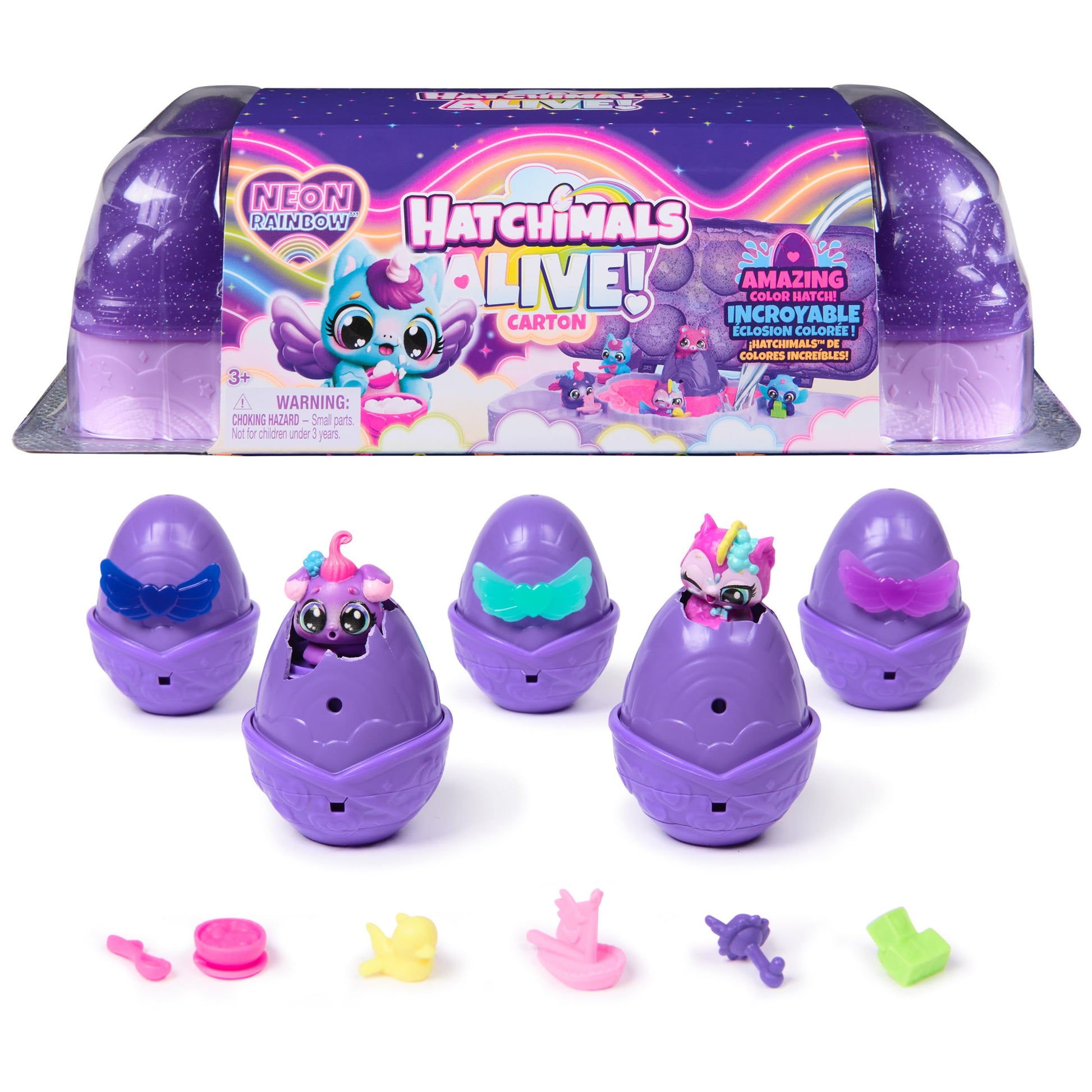 Hatchimals Alive Neon Rainbow Egg Carton & 5 Color Reveal Eggs, Ages 3+