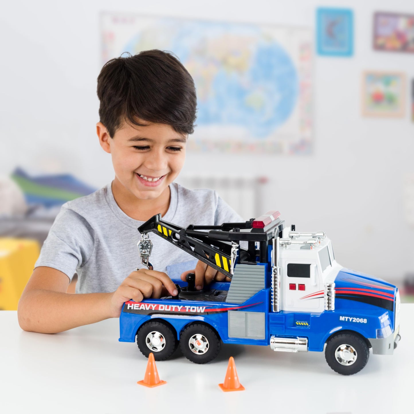Mighty Fleet Mighty Motorized Tow Truck Toy - 15" Vehicle with Lights, Sounds, Working Winch & Traffic Cones - Batteries Included - Ages 3+